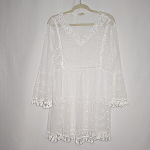 Crescent Bay Women's White Lace Fringe Boho Swim Cover Up Size L